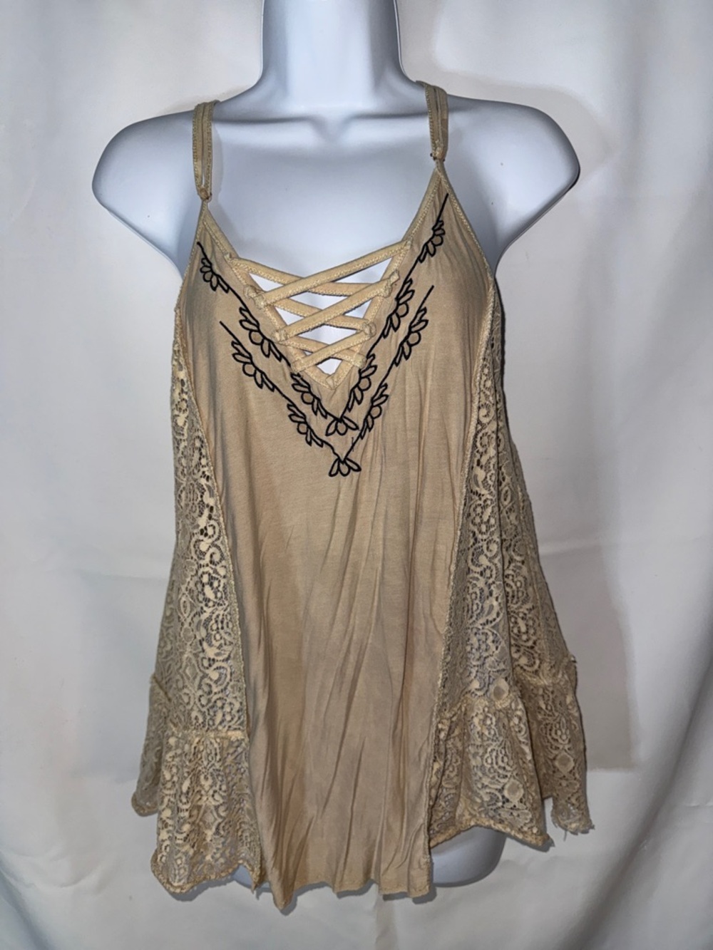 POL Beige Lace-Panel Strappy Camisole with Black Embroidery
